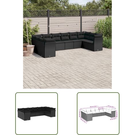 The Living Store 10-tlg. Garten-Sofagarnitur mit Kissen Schwarz Poly Rattan - Gartensofas - Outdoor Möbel - Gartenmöbel Set - Lounge Sofa - Rattan Möbel (1/3)