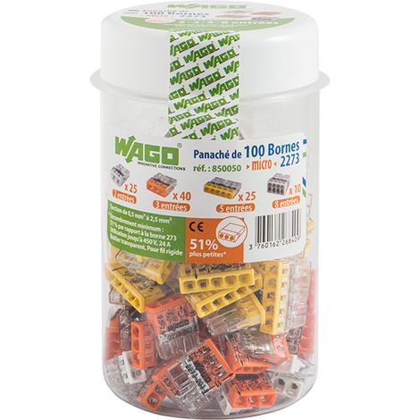 Wago – Flacon de 100 mini bornes de connexion automatique 2, 3, 5 et 8 fils – 450V 24A – Système PUSH WIRE® – Boîtier transparent avec point de test