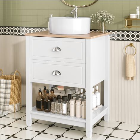 Mueble lavabo de baño con lavabo redondo de cerámica, 2 cajones y hueco abierto OKWISH (1/5)
