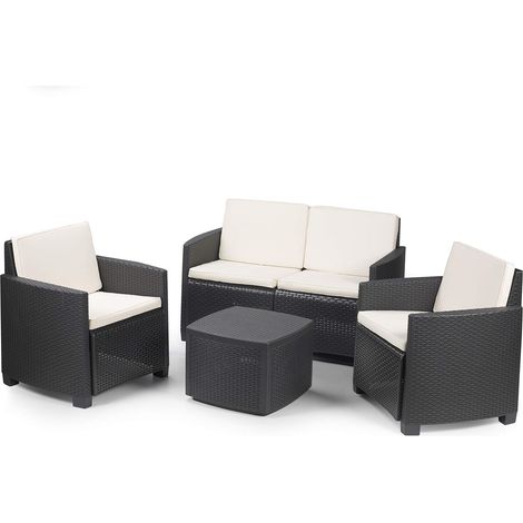 Ensemble de salon d'extérieur, composition de jardin avec 2 fauteuils, 1 canapé et 1 table de rangement, effet rotin avec coussins, Anthracite (1/5)