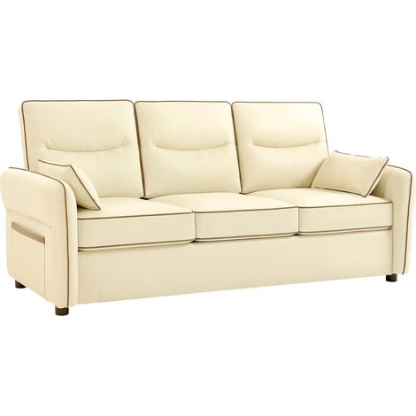 Beige et confortable, canapé 3 places en simili cuir avec coussins et rembourrage épais pour le salon (1/5)