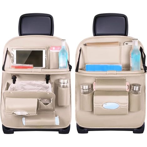 Für 2 Stück Autositz-Organizer, Auto-Rücksitzschutz, multifunktionales wasserdichtes Anti-Kick-PU, mit faltbarem Tablet-Tablet-Fach, 8 Taschen, Beige