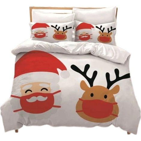Housse de couette de Noël 140x200cm, Père Noël et rennes, microfibre, avec 2 taies d'oreiller (1/5)
