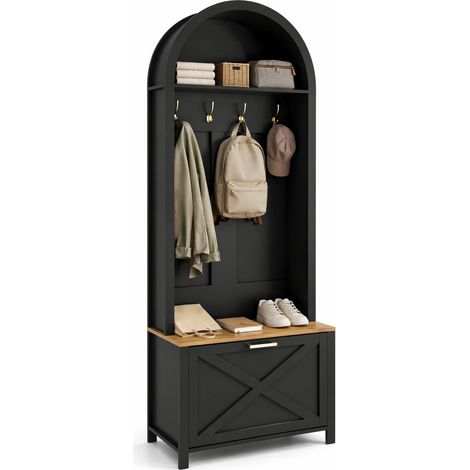 Garde-robe d'entrée avec range-chaussures, étagère et crochets, meuble de rangement mural en MDF, design moderne pour couloir, noir et bois  CHICFURN (1/5)