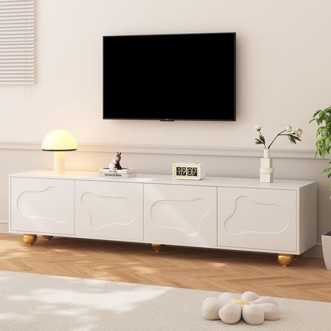 Mobile TV 180x40x45 cm bianco in truciolare con 4 ante, motivo nuvola e 5 piedi, per TV fino a 75 pollici (1/5)