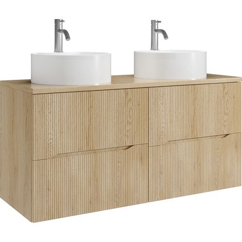 Mobile bagno sospeso scanalato con lavabo da appoggio rotondo e rubinetto Naturale chiaro 120 cm - ORISO (1/5)
