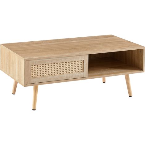 Table basse tressée en rotin, table à thé avec portes coulissantes, pieds en bois massif, table de salon moderne, couleur naturelle - H40/B1050/T55 cm