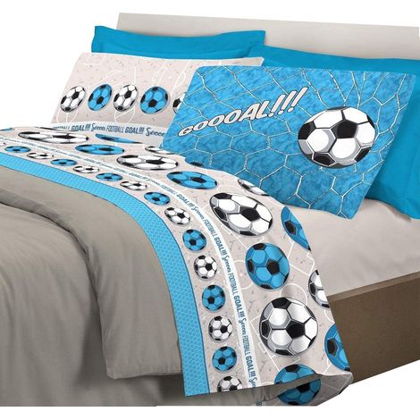 Completo letto lenzuola, stampa digitale calcio 100% cotone, made in italy Azzurro - Matrimoniale