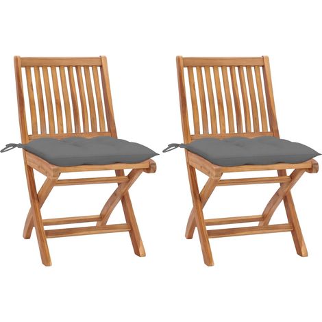 Gartenstühle 2 Stk. mit Grauen Kissen Massivholz Teak