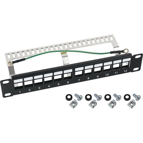 HMF 63346-02 STP Keystone-Patchpanel für Serverschrank, 12 Ports RJ45, 10 Zoll, Schwarz (1/2)