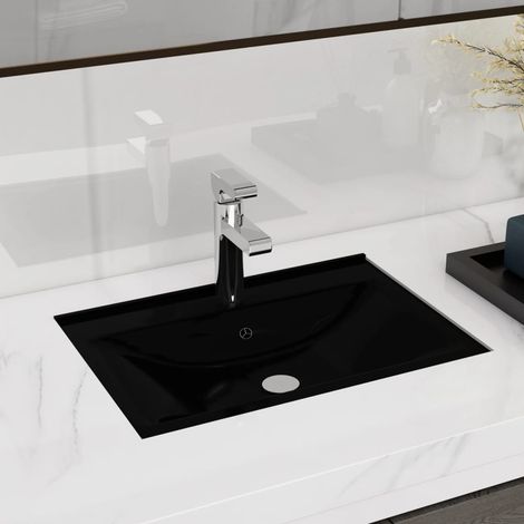 Lavabo Vasque à poser à trou Luxueux, de trop-plein/robinet Bac à laver, Noir céramique OIB6342E (1/5)