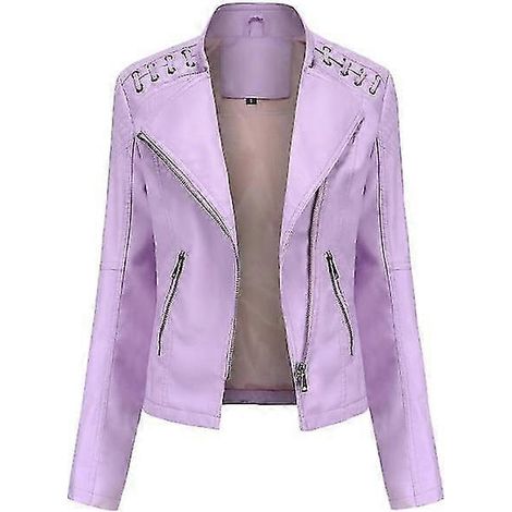 Damen-Lederjacke, lässiger Stil, Reißverschluss, erhältlich in 12 Farben (XL lila C)