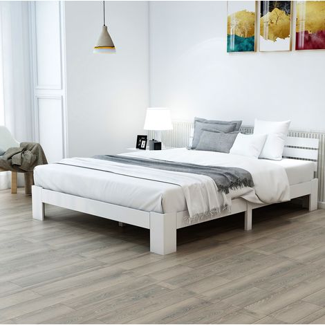 Lit double rustique 140x200 cm en bois massif blanc avec tête de lit et sommier à lattes (1/5)