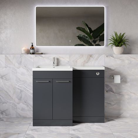 Napoli 390 Gloss Grey 1100mm 2 Door Vanity Unit Toilet Suite with Square Left Hand Lucia Basin - 1100mm - Chrome 160mm HandleWithout Kingston Toilet Pan