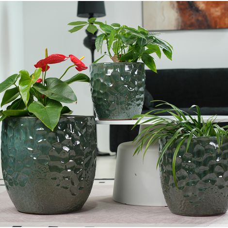 Maceta de cerámica Ø30 cm verde oscuro brillante, relieve martillado OKMYHOME (1/5)