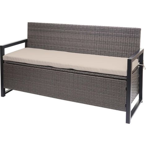 Poly-Rattan 3er Sitzbank HHG-596, Gartenbank Truhenbank, Staufach Aufbewahrung Sitzkissen grau-meliert, Kissen beige (1/5)