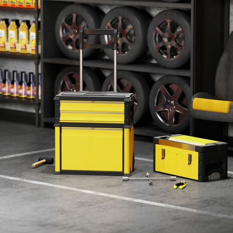 Caja de Herramientas con Ruedas Apilable Carro de Herramientas de Acero con Bandeja Mango Telescópico Amarillo y Negro (1/5)