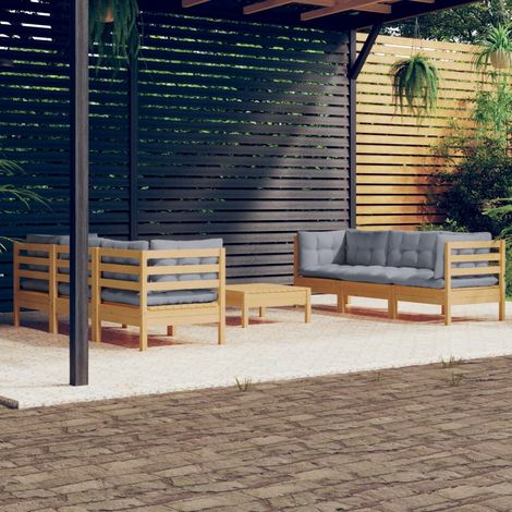 FIMEI Salon de jardin 7 pcs avec coussins gris Bois de pin (1/5)