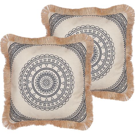 Conjunto de 2 cojines beige negro 45 x 45 cm funda poliéster borlas AGRIMONY (1/5)