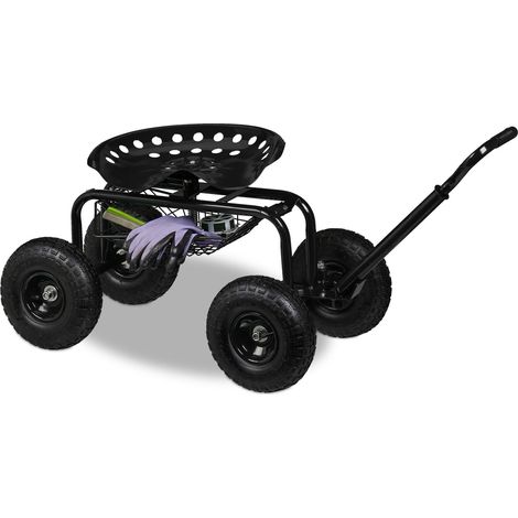 Relaxdays fahrbarer Gartensitz, höhenverstellbar, 150 kg, Stauraum, Rollsitz Gartenarbeit, Stahl, Luftreifen, schwarz