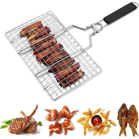 Panier Grille pour Barbecue, Panier à Griller Portable en Acier Inoxydable, Panier de Gril Pliable avec Poignée en Amovible pour Steak Crevettes Viande Poisson rôti Légumes, 33.5x22cm, L (1/5)