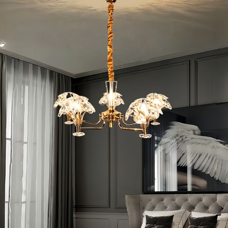 Kristall-Kronleuchter 5-flammig, goldene Pendelleuchte aus hochwertigem Metall und edlem Kristall, E14 Fassung, Ø 69 cm, elegante Hängelampe für Wohnzimmer, Esszimmer und Schlafzimmer