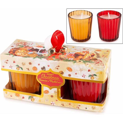 Confezioni regalo di Natale con 2 candele profumate in vasetto di vetro lavorato. Confezione con pom pon, set da 4 pezzi, Candela: Ø 5,5 cm x 6 H
