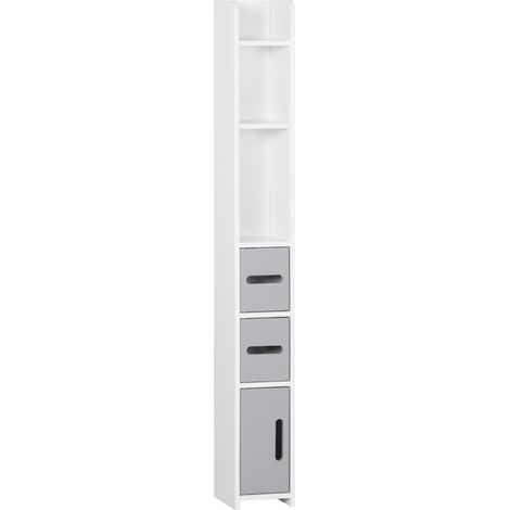 Colonne de Salle de Bain en Bois Blanc et Gris avec Étagères et Armoires, Meuble Compact 15x17x120cm pour Gain de Place (1/5)