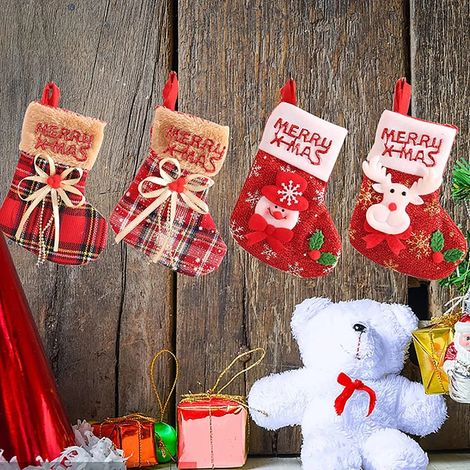 Décoration de chaussette de Noël, 4 chaussettes de Noël à suspendre, chaussette de Noël pour cheminée, rembourrage pour bottes du Père Noël, nœud papillon Père Noël et orignal (1/5)
