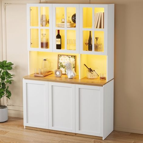 Vitrine 120x200cm, buffet avec éclairage LED, meuble de cuisine avec portes vitrées, blanc aspect bois, grand meuble de salon pouvant servir de bar, vaisselier et meuble de rangement (1/5)