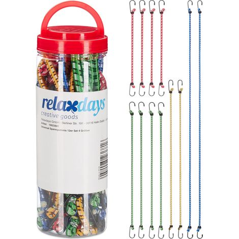 Relaxdays Bungee Cord Set Of 12, Elastic Cords for Car & Bike, Universal Bungee Straps, 35 cm - 1 m, 4 Sizes, Coloured (1/5)