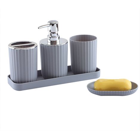 Set Accessoires Salle De Bains - Distributeur Savon Pompe - Porte-Brosse À Dents - Gobelet - Plat À Savon - Bac - PP - Gris - 5 Pièces (1/5)