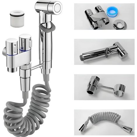 Set da semicupio in acciaio inox, doccetta con tubo flessibile, flacone per risciacquo, ugello per lavanda vaginale e post-parto, valvola a doppio controllo, argento. (1/5)