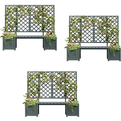 3er-Set Blumentopf, Blumentopf mit Spalier als Rankhilfe, Blumentopf mit viel Platz, Blumenkasten Pflanzkasten, graue Tanne massiv, Blumentopf mit Spalier und Sitzgelegenheit für Garten Terrasse
