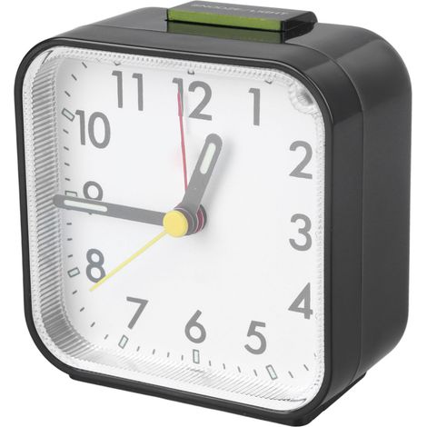 Petit réveil noir silencieux au design minimaliste avec fonction snooze et rétroéclairage, idéal pour la chambre ou le salon. (1/5)