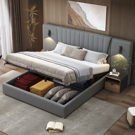 Lit coffre 180x200cm, cadre de lit, lit double avec port de chargement USB, liseuse orientable, dossier confortable extra large, rangement hydraulique, velours - Gris (1/5)