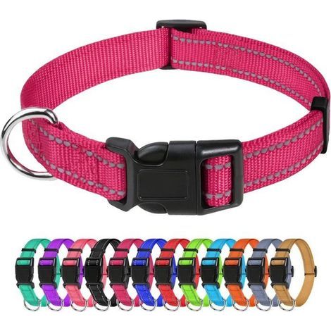 Hundehalsband, verstellbares, klassisches, reflektierendes Nylonhalsband, geeignet für kleine Hunde, leuchtend pink, 2,0 cm breit, Größe S (30–40 cm) (1/5)