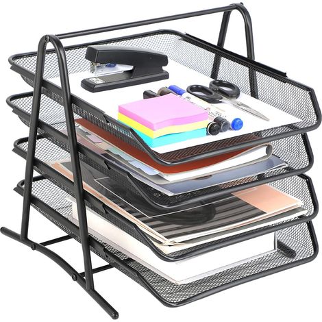 Plateau Organisateur de Bureau 4 Niveaux, Dossier A4, Caisson de Bureau, Classeurs, Bureau d'ordinateur, Organisateur de Tiroirs, Matériau en Maille Métallique, Noir (1/5)