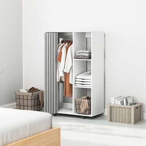 Armoire penderie vêtement dressing mobile 4 roulettes avec tringle à vêtements et étagères ouvertes, blanc (1/5)