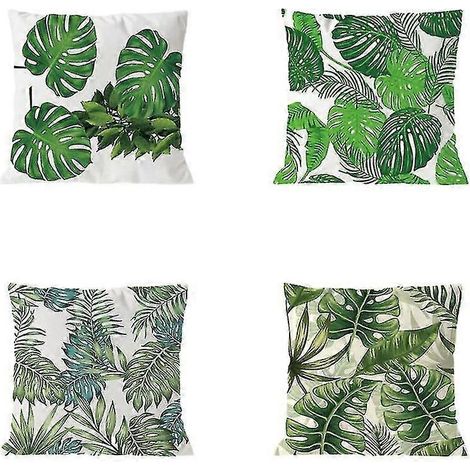 Lot de 4 housses de coussin décoratives à motif arbre tropical vert, feuilles de palmier et fleurs. (1/5)