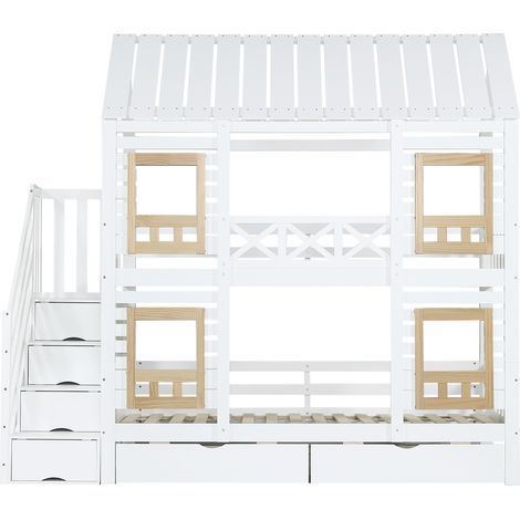 Litera infantil 90x200 cm blanca y natural con escalera de almacenaje y cajones (1/5)