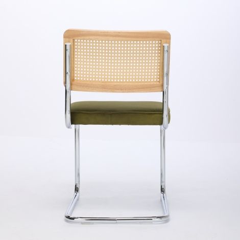 Chaises de salle à manger style Mid-Century Modern (Lot de 2) — Chaises d'appoint en velours avec dossier en rotin naturel et piètement en acier inoxydable chromé Chaises de cuisine en rotin rembourr