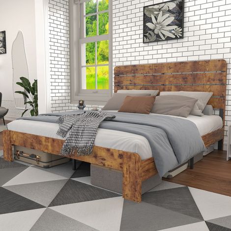 Lit double ancien 180x200 Structure bois et tube métallique robuste - Sommier lattes et haute tête de lit -pour adultes, enfants et adolescents (sans Matelas) (1/5)