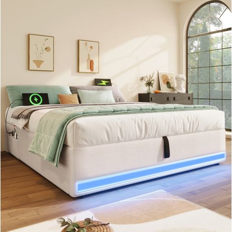lit coffre 140x200 LED USB-C en lin beige OKMYHOME (1/5)