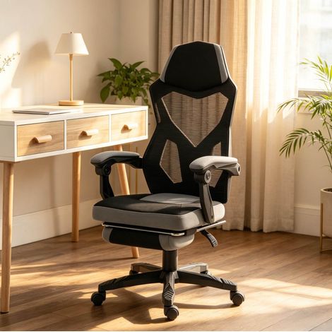 Chaise de bureau 58x63x112-122 cm en mesh noir et gris, réglable pour bureau FloraGrace (1/5)