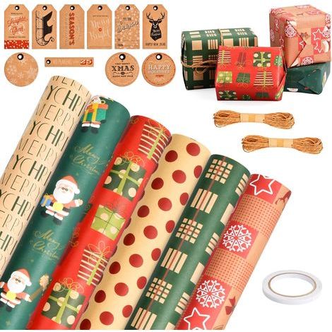 Lot de 6 feuilles de papier cadeau de No毛l, 50 x 70 cm, papier d'emballage cadeau kraft recycl茅, papier cadeau de No毛l, papier d'emballage cadeau pour cordes et pendentifs en jute de No毛l (1/5)