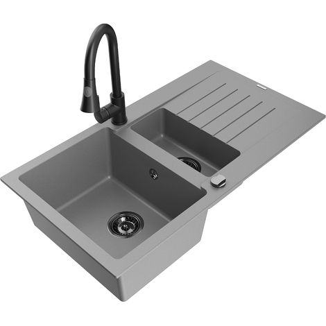 Mexen Matias fregadero de granito de 1,5 senos con escurridor y grifo de cocina Elia, gris - 6502-71-670101-70-B (1/5)