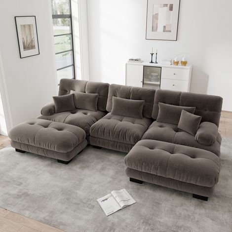 Sofá modular en U marrón de chenilla con otomana móvil y asiento profundo (1/5)