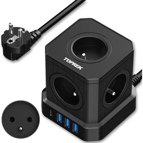 9 en 1 Cube Multiprise avec Interrupteur, 5 Prises AC Française  2M Câble, USB C(20W PD3.0 Recharge Rapide) et 3 USB A, Cube Rallonge Multiprise, Parafoudre et Surtension, 4000W/16A, Noir (1/5)