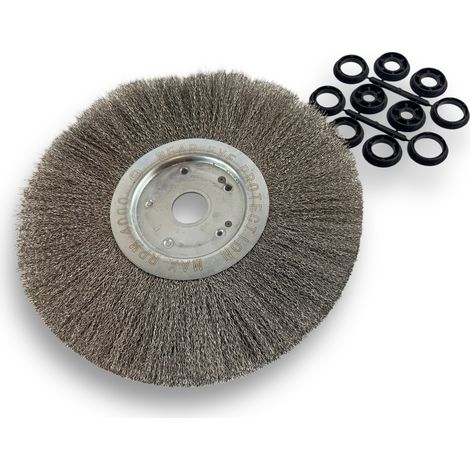 Brosse circulaire INOX  Ø 300 mm  Epaisseur 1 rang  Fil dur 0.30 mm ondulé  Alésage 32 mm + réducteur bague 25/22/20/16/12 mm  Touret meuleuse affûteuse ponceuse  Kibros 211301IT (1/5)